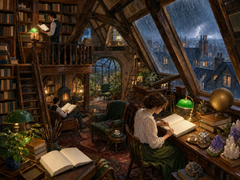 Sunroom Attic Study, an illustrated libraries & interiors jigsaw puzzle scene