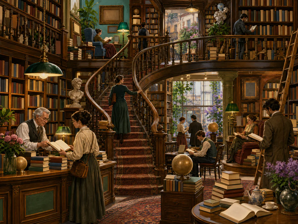 Sunroom Bookshop Staircase, an illustrated libraries & interiors jigsaw puzzle scene