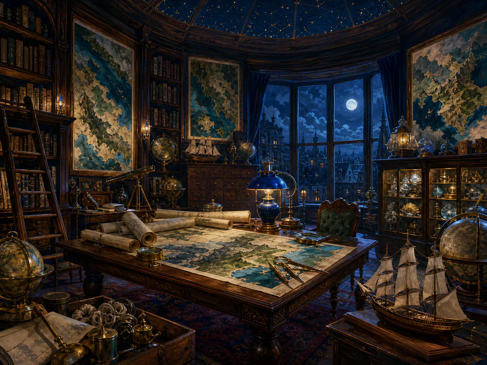 Midnight Map Room, an illustrated libraries & interiors jigsaw puzzle scene