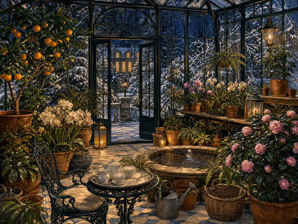 Midnight Winter Conservatory, an illustrated libraries & interiors jigsaw puzzle scene