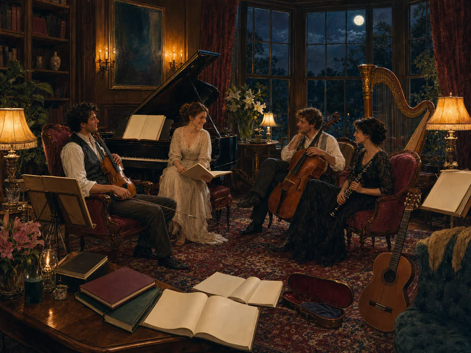 Midnight Music Room, an illustrated libraries & interiors jigsaw puzzle scene