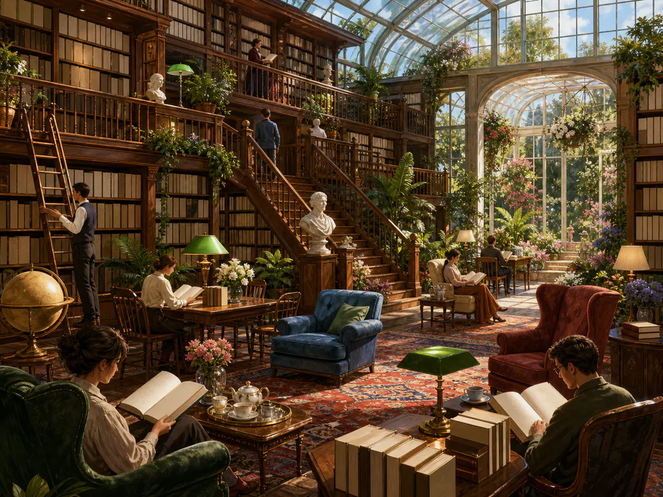 Midnight Reading Hall, an illustrated libraries & interiors jigsaw puzzle scene