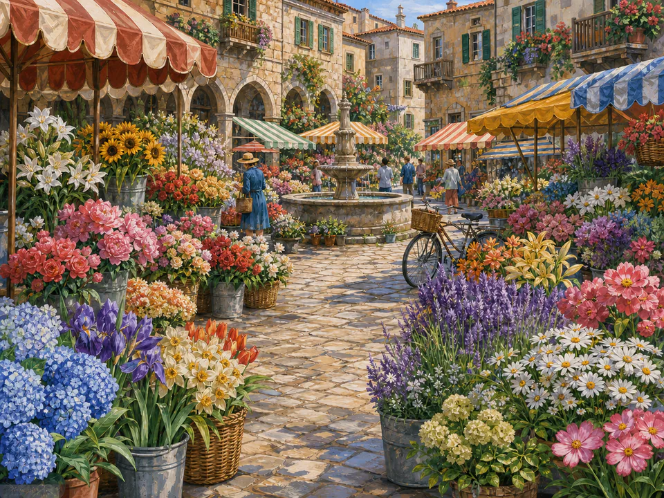 Colourful Flower Market, an illustrated markets & squares jigsaw puzzle scene
