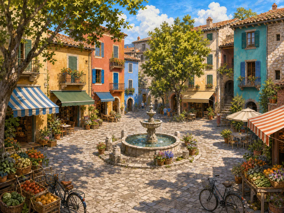 Colourful Village Square, an illustrated markets & squares jigsaw puzzle scene