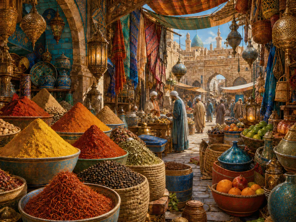 Colourful Spice Bazaar, an illustrated markets & squares jigsaw puzzle scene