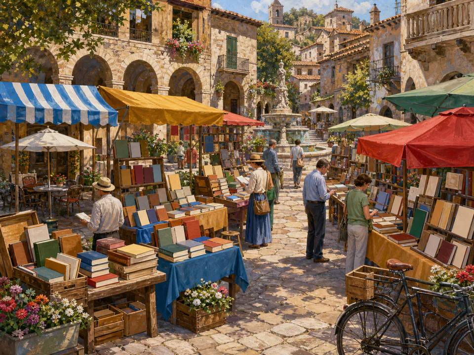 Colourful Book Fair, an illustrated markets & squares jigsaw puzzle scene