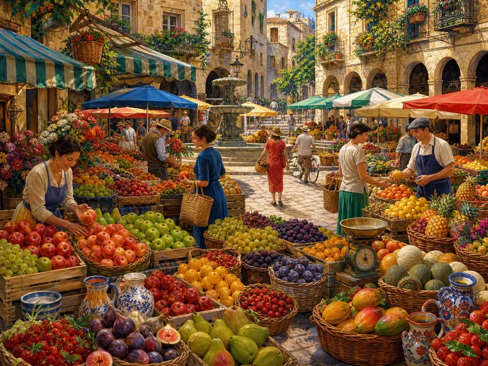 Colourful Fruit Stalls, an illustrated markets & squares jigsaw puzzle scene