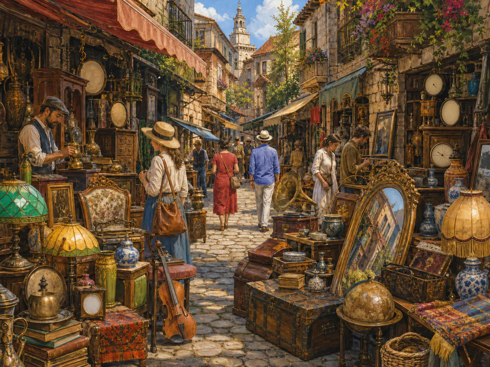 Colourful Antique Lane, an illustrated markets & squares jigsaw puzzle scene
