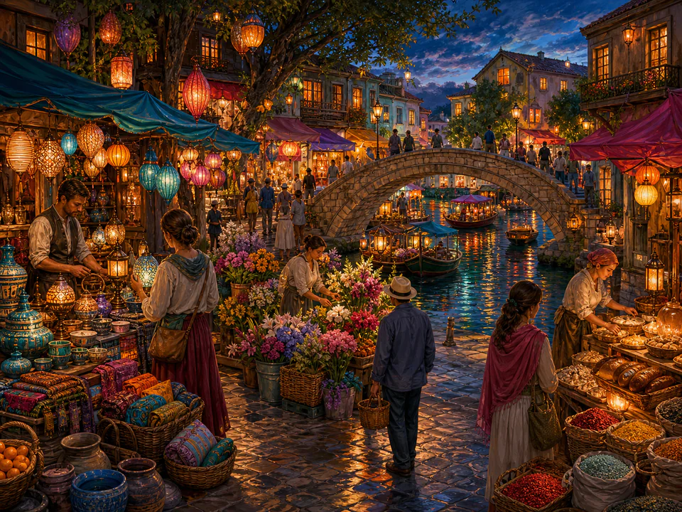 Colourful Night Market, an illustrated markets & squares jigsaw puzzle scene