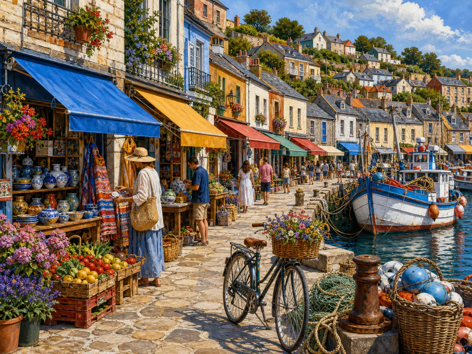 Colourful Harbor Shops, an illustrated markets & squares jigsaw puzzle scene