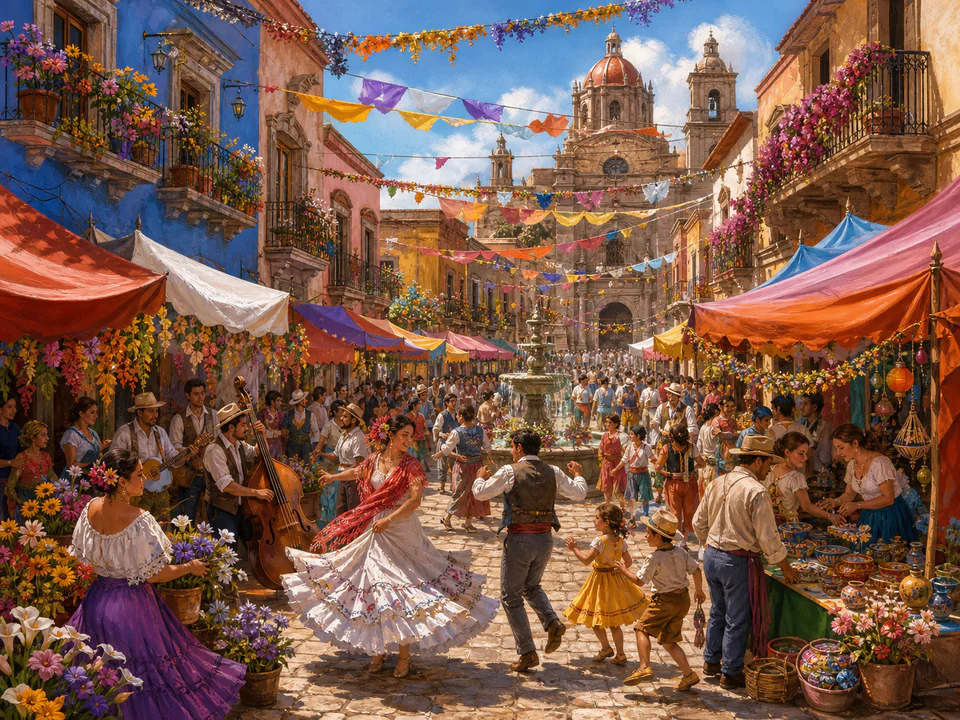 Colourful Festival Street, an illustrated markets & squares jigsaw puzzle scene