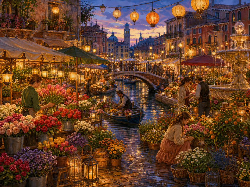Lantern-Lit Flower Market, an illustrated markets & squares jigsaw puzzle scene