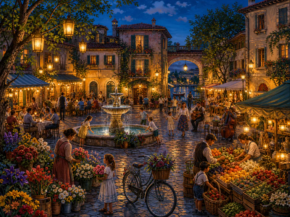 Lantern-Lit Village Square, an illustrated markets & squares jigsaw puzzle scene