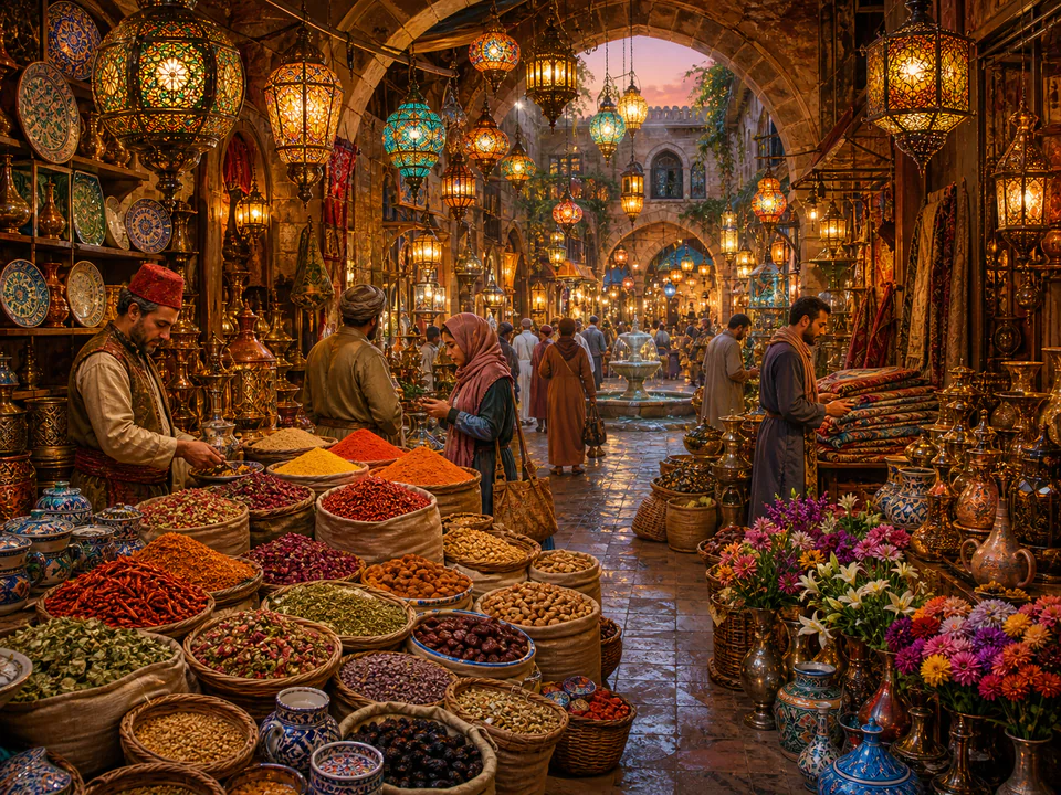 Lantern-Lit Spice Bazaar, an illustrated markets & squares jigsaw puzzle scene