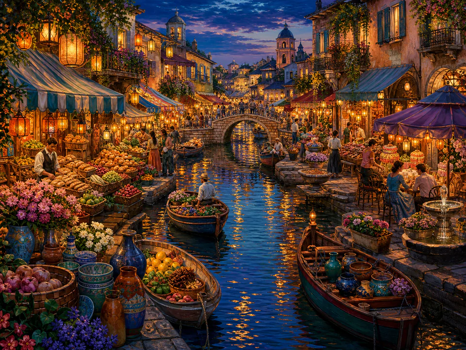 Lantern-Lit Canal Market, an illustrated markets & squares jigsaw puzzle scene
