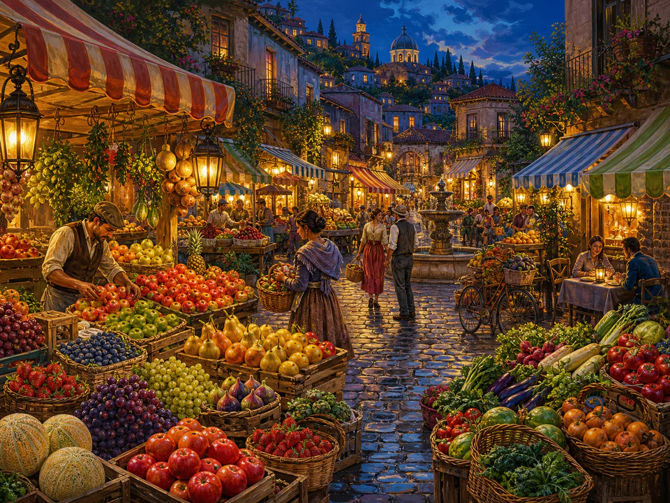 Lantern-Lit Fruit Stalls, an illustrated markets & squares jigsaw puzzle scene