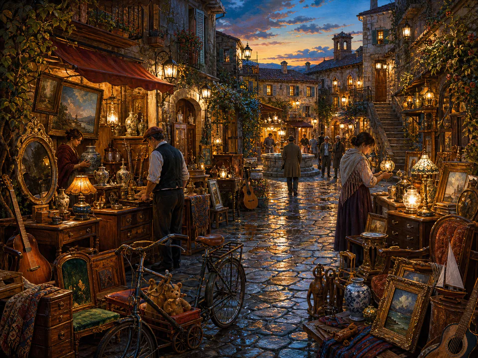Lantern-Lit Antique Lane, an illustrated markets & squares jigsaw puzzle scene