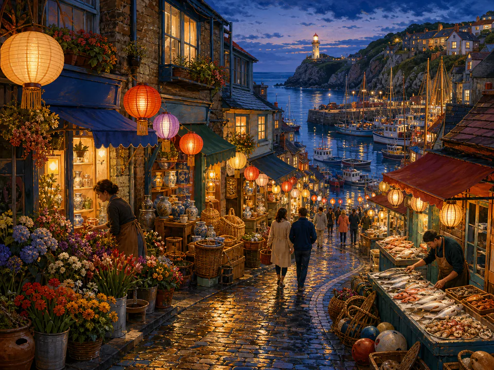 Lantern-Lit Harbor Shops, an illustrated markets & squares jigsaw puzzle scene