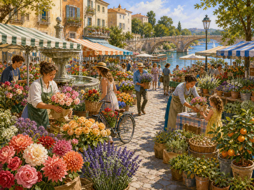 Sunday Flower Market, an illustrated markets & squares jigsaw puzzle scene