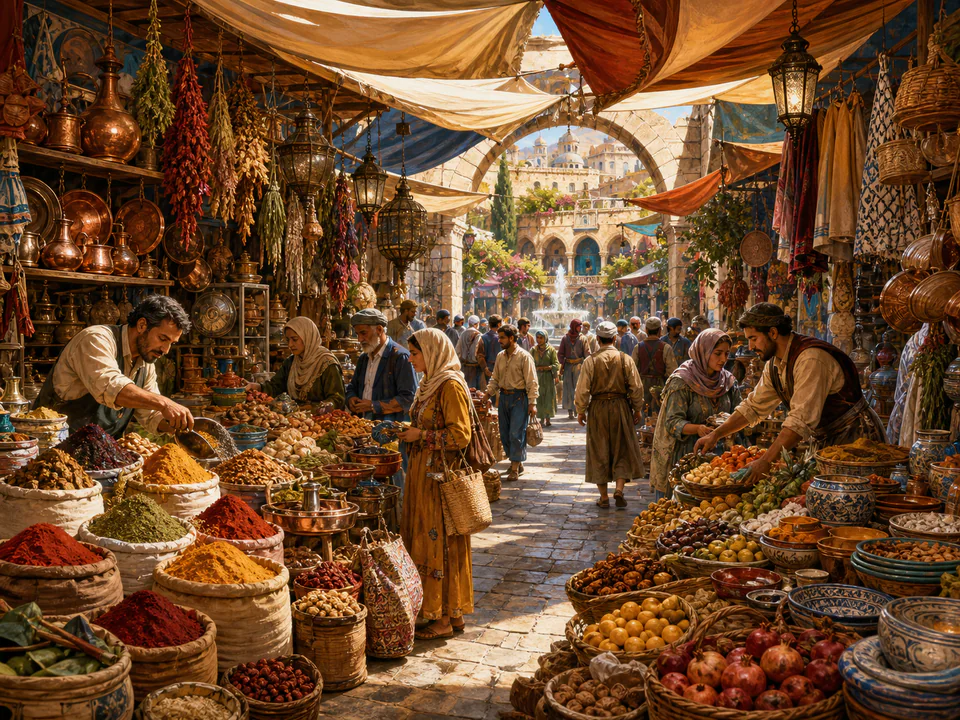 Sunday Spice Bazaar, an illustrated markets & squares jigsaw puzzle scene