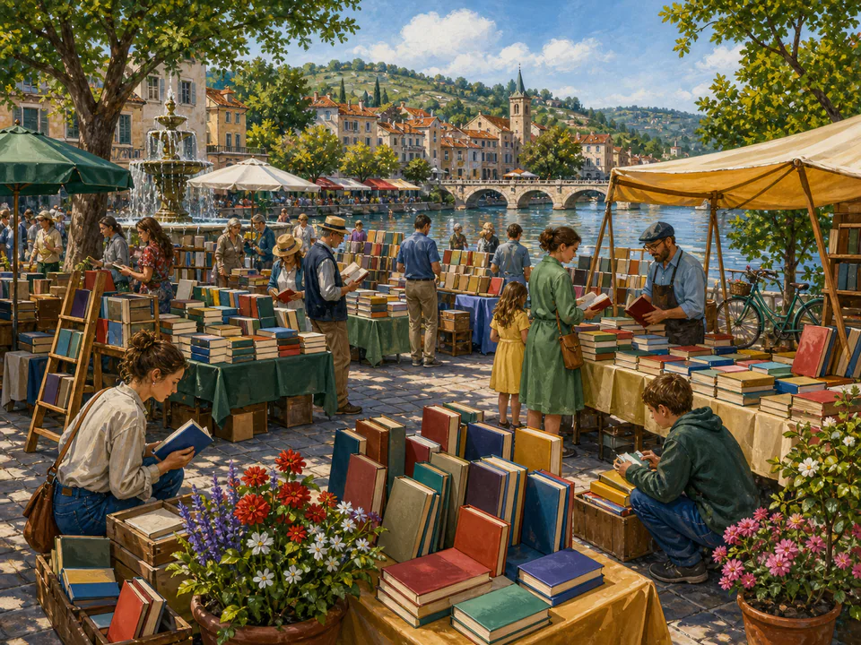 Sunday Book Fair, an illustrated markets & squares jigsaw puzzle scene