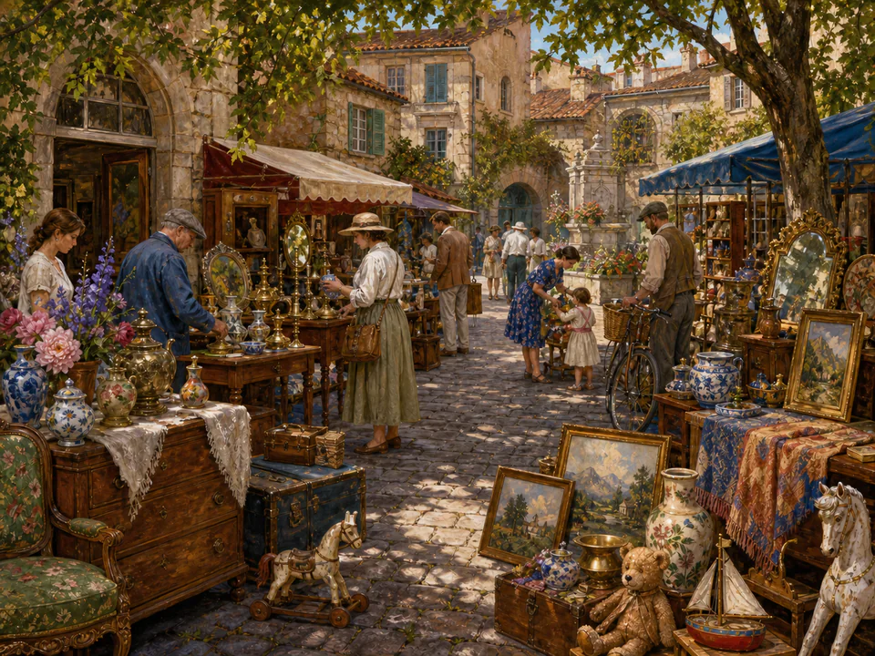 Sunday Antique Lane, an illustrated markets & squares jigsaw puzzle scene