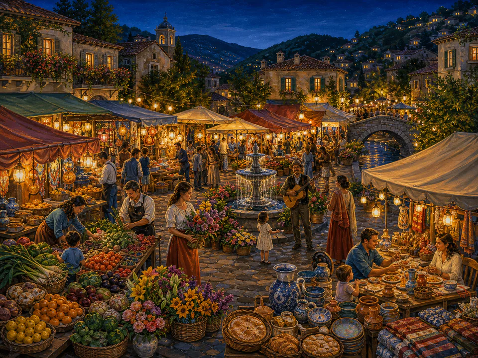 Sunday Night Market, an illustrated markets & squares jigsaw puzzle scene