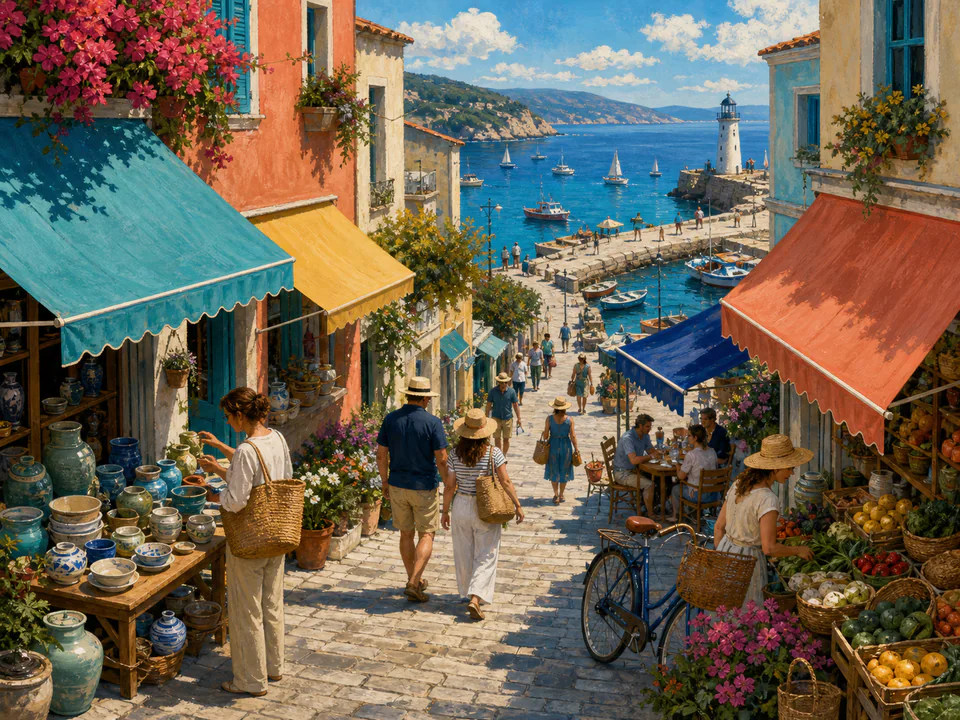 Sunday Harbor Shops, an illustrated markets & squares jigsaw puzzle scene