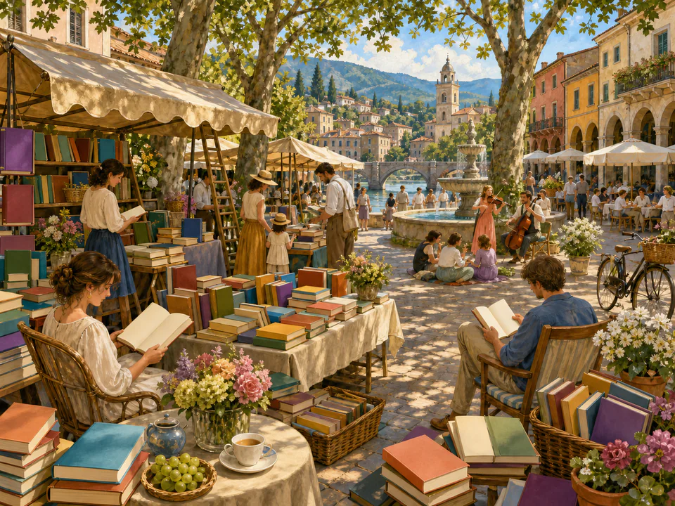 Sunwashed Book Fair, an illustrated markets & squares jigsaw puzzle scene