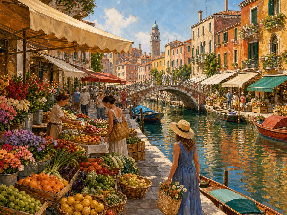 Sunwashed Canal Market, an illustrated markets & squares jigsaw puzzle scene
