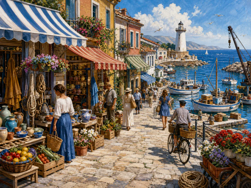 Sunwashed Harbor Shops, an illustrated markets & squares jigsaw puzzle scene