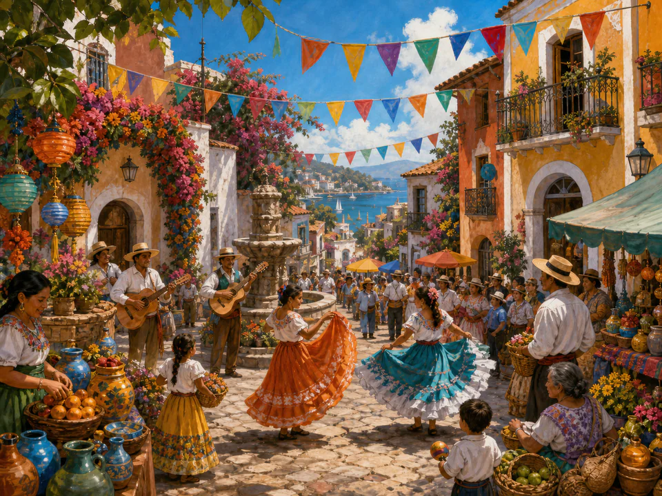 Sunwashed Festival Street, an illustrated markets & squares jigsaw puzzle scene