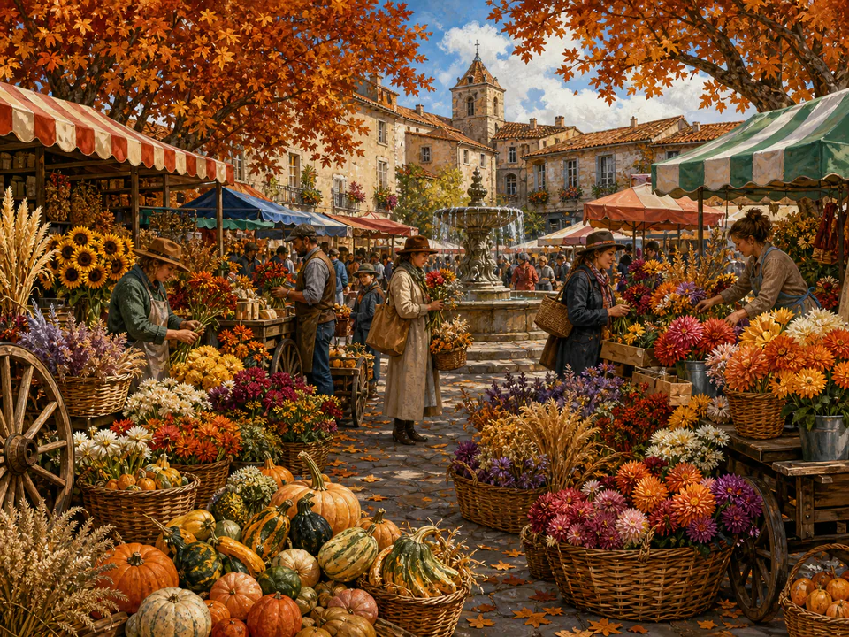 Harvest Flower Market, an illustrated markets & squares jigsaw puzzle scene