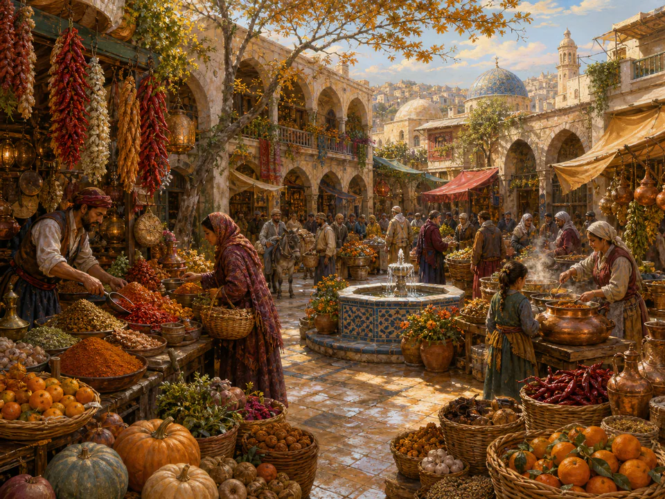 Harvest Spice Bazaar, an illustrated markets & squares jigsaw puzzle scene