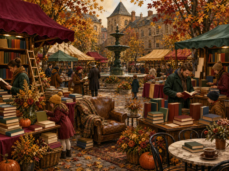 Harvest Book Fair, an illustrated markets & squares jigsaw puzzle scene