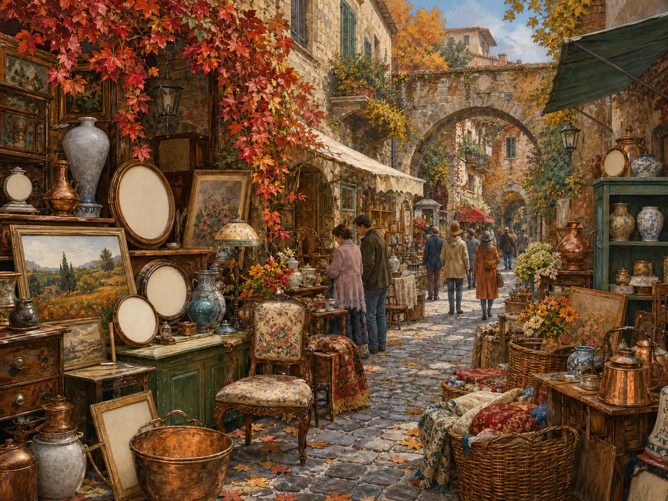 Harvest Antique Lane, an illustrated markets & squares jigsaw puzzle scene