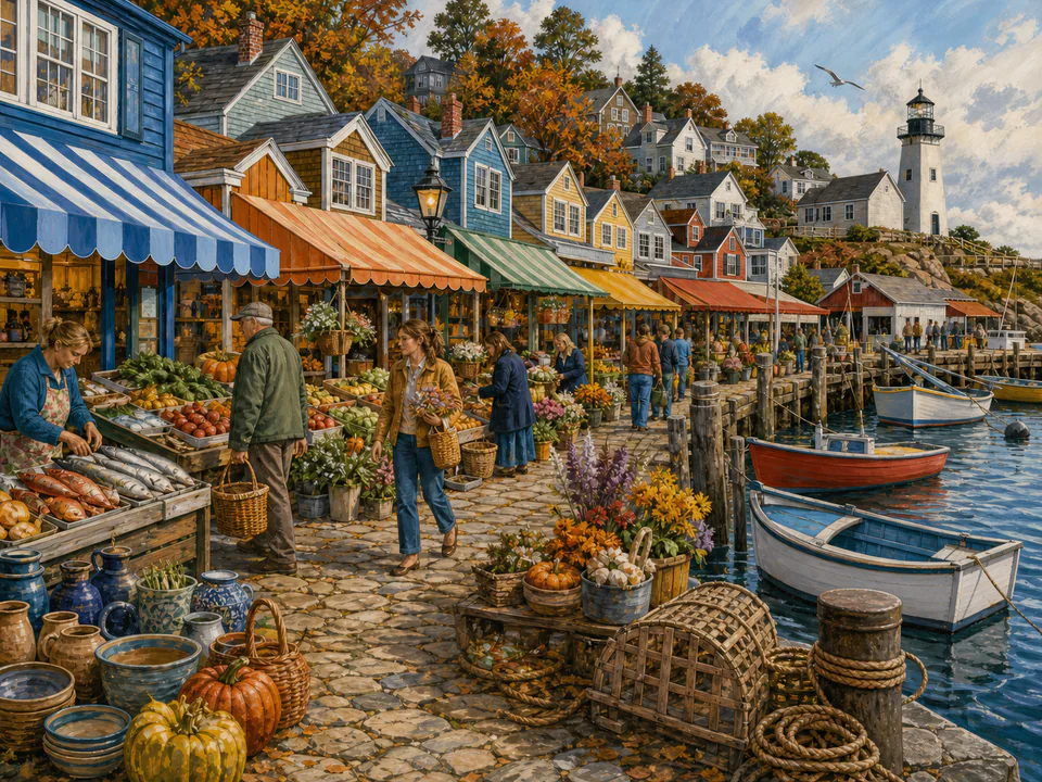 Harvest Harbor Shops, an illustrated markets & squares jigsaw puzzle scene