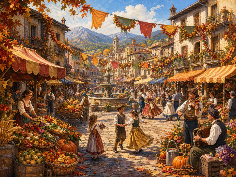 Harvest Festival Street, an illustrated markets & squares jigsaw puzzle scene