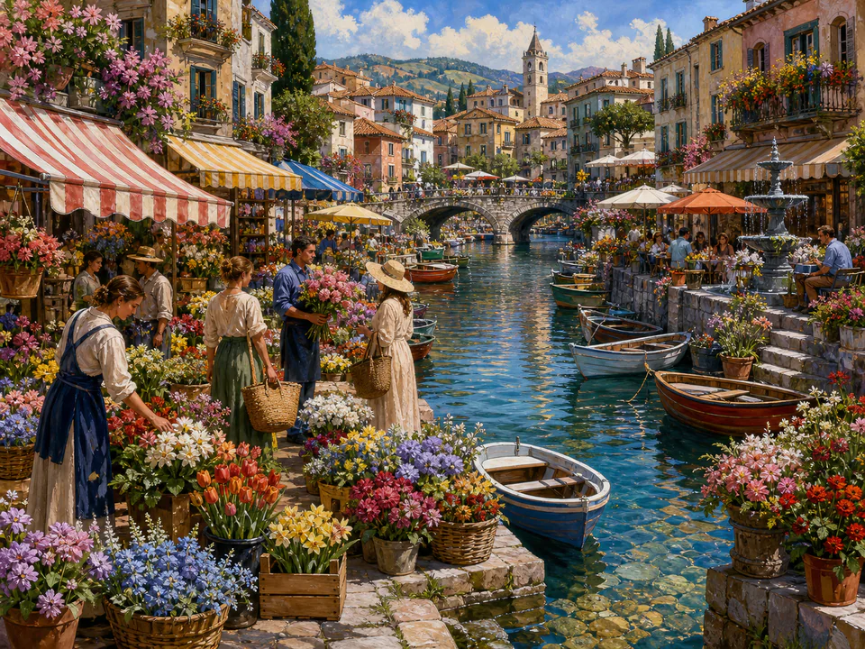 Riverside Flower Market, an illustrated markets & squares jigsaw puzzle scene