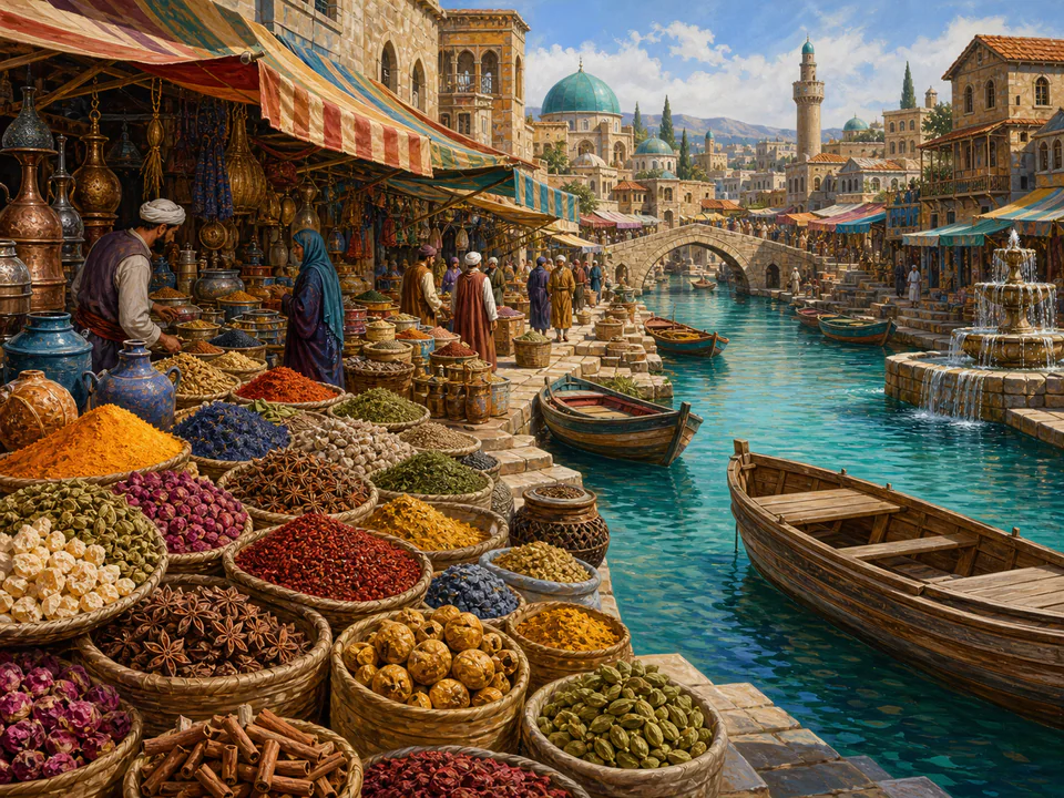 Riverside Spice Bazaar, an illustrated markets & squares jigsaw puzzle scene