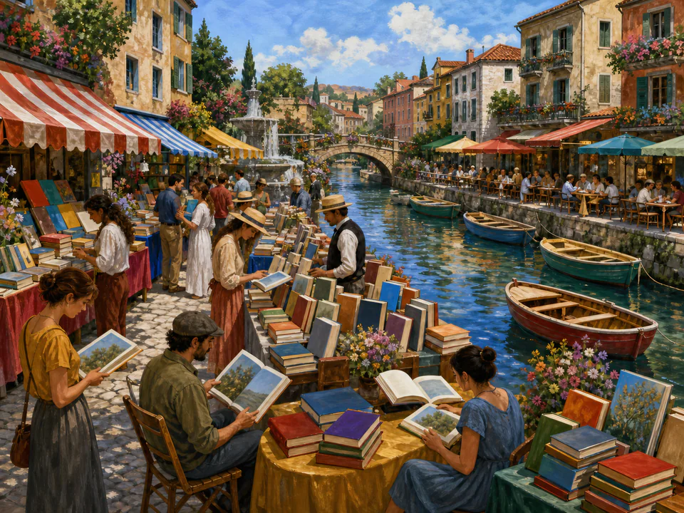 Riverside Book Fair, an illustrated markets & squares jigsaw puzzle scene