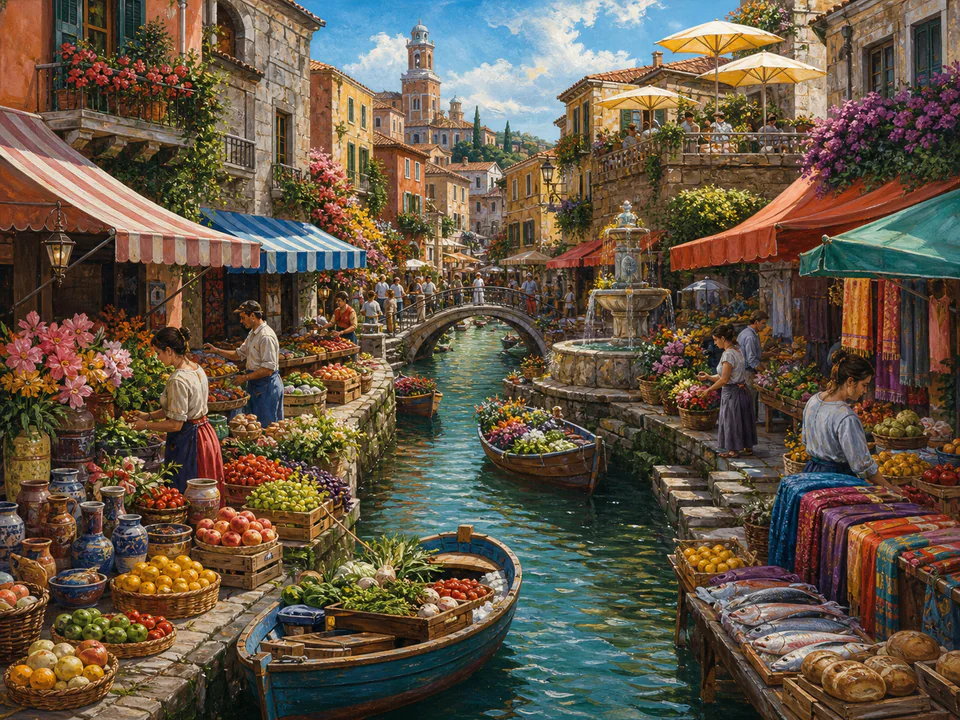 Riverside Canal Market, an illustrated markets & squares jigsaw puzzle scene