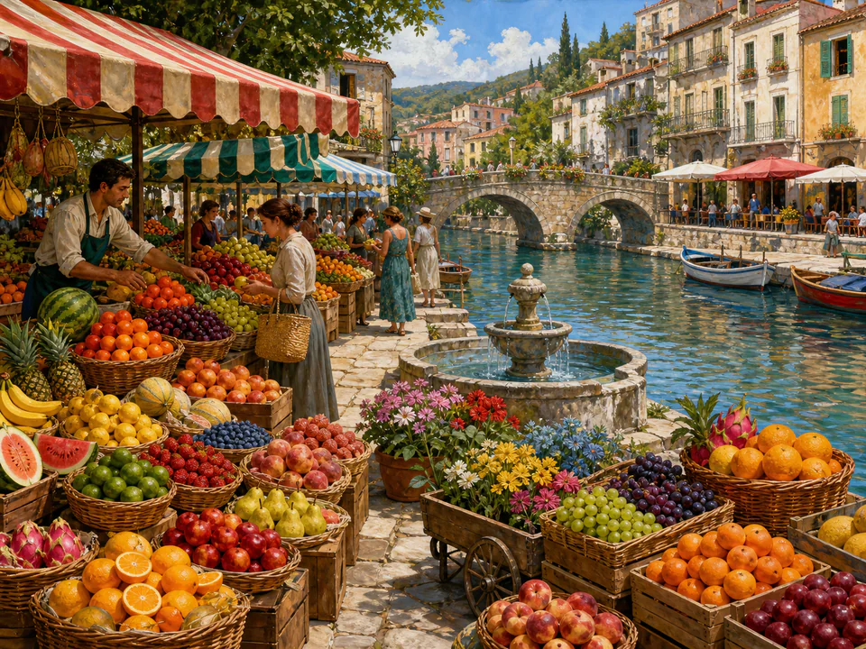 Riverside Fruit Stalls, an illustrated markets & squares jigsaw puzzle scene