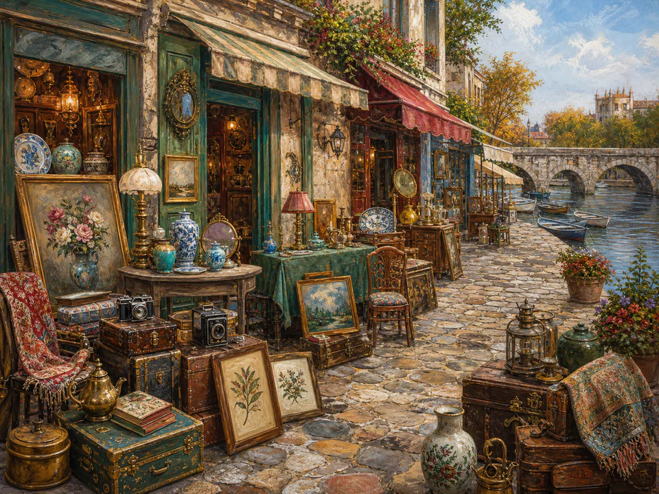 Riverside Antique Lane, an illustrated markets & squares jigsaw puzzle scene