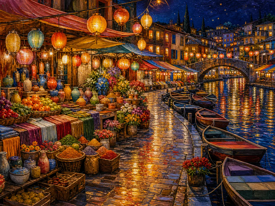 Riverside Night Market, an illustrated markets & squares jigsaw puzzle scene