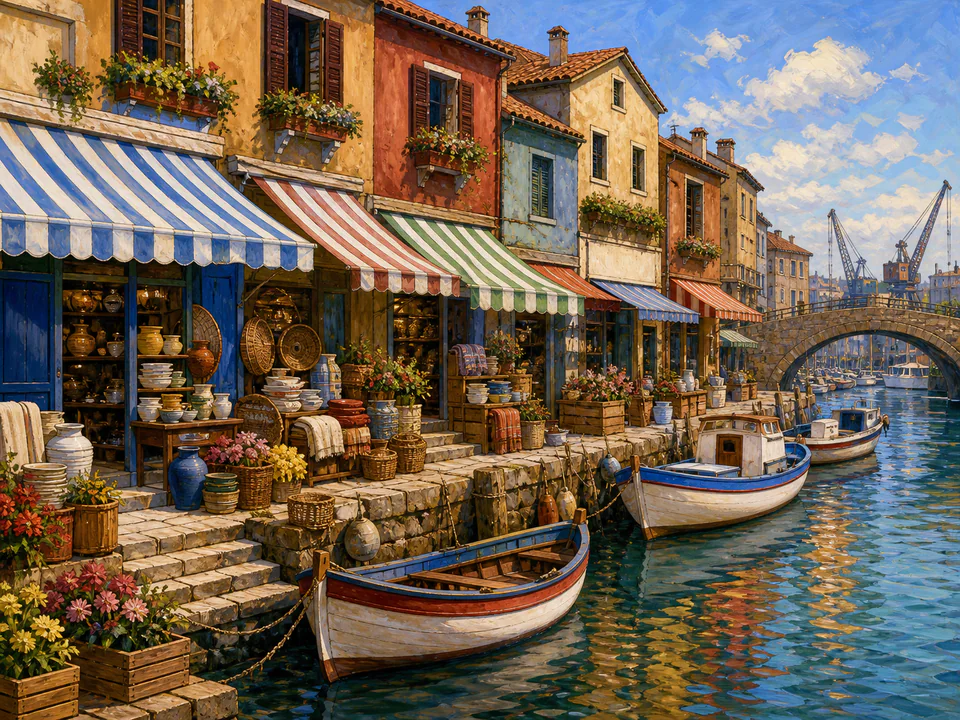 Riverside Harbor Shops, an illustrated markets & squares jigsaw puzzle scene
