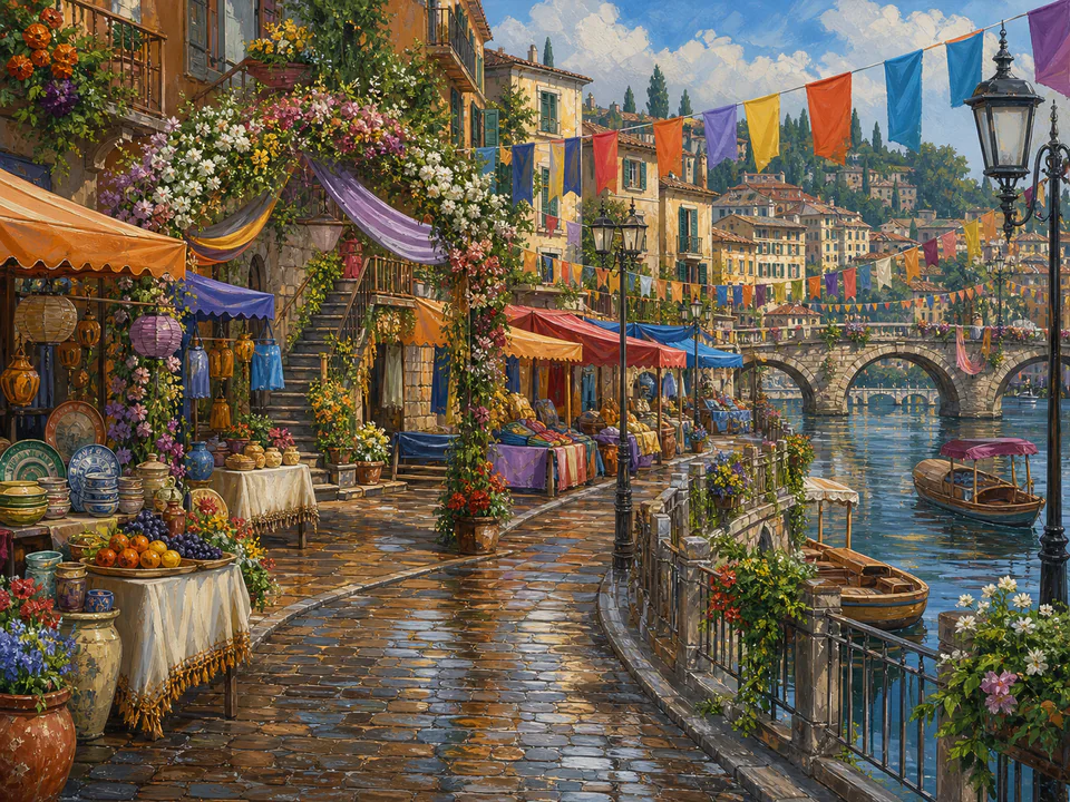 Riverside Festival Street, an illustrated markets & squares jigsaw puzzle scene