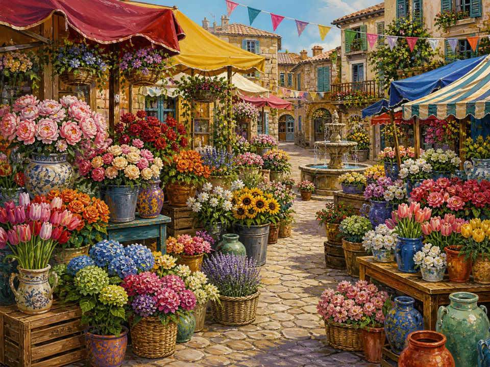 Festive Flower Market, an illustrated markets & squares jigsaw puzzle scene
