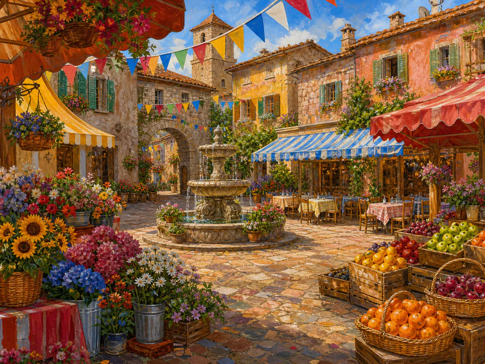 Festive Village Square, an illustrated markets & squares jigsaw puzzle scene