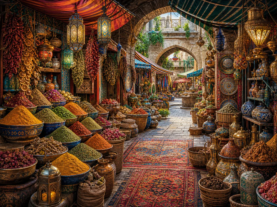 Festive Spice Bazaar, an illustrated markets & squares jigsaw puzzle scene